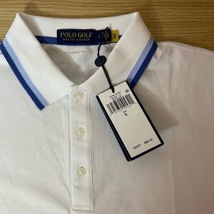 Ralph Lauren Polo Golf Women Large Blue White Tailored‎ fit Polo NWT